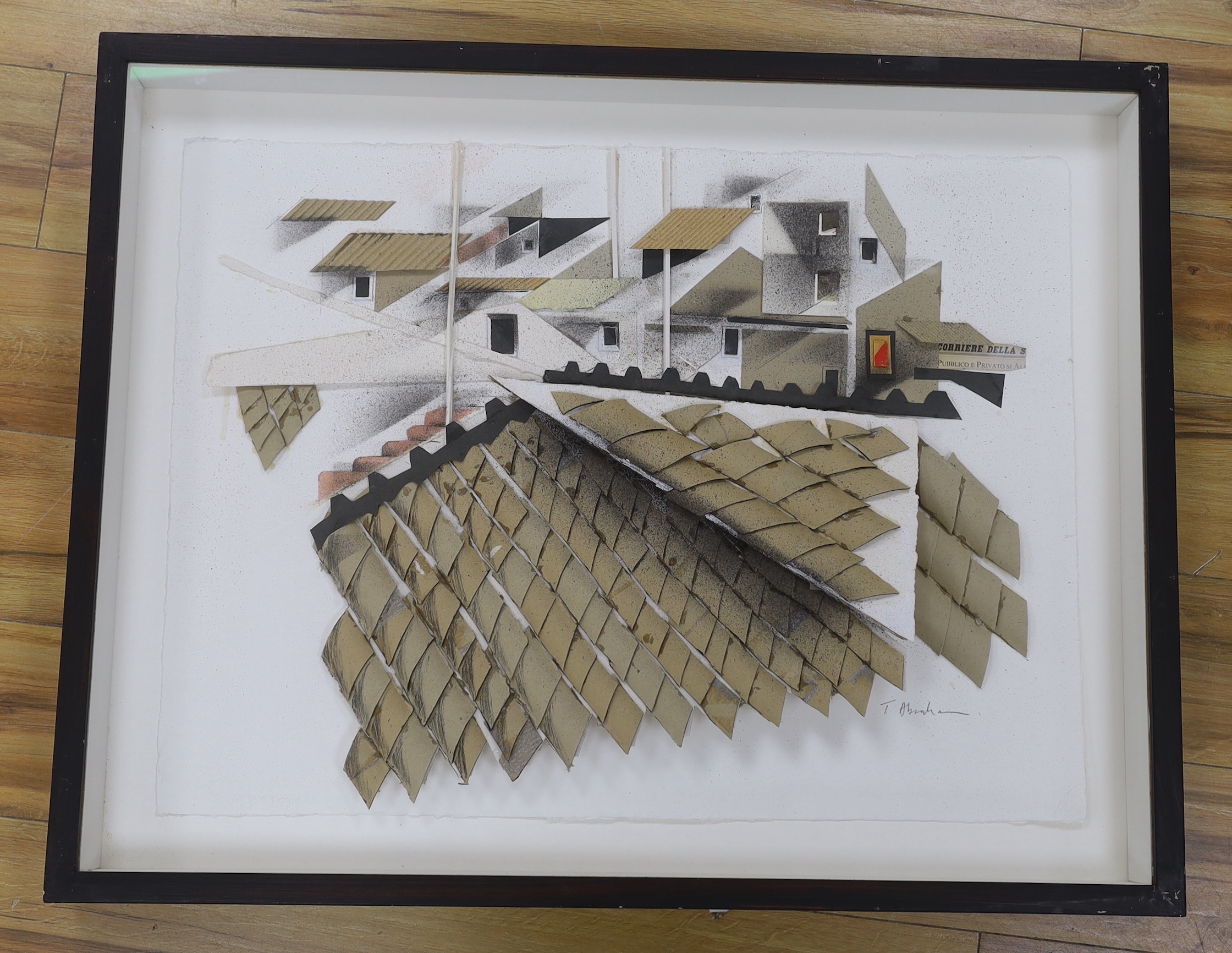Anthony Abrahams (b. 1926), mixed media collage, roof tops, signed, Image approximately 57 x 77 cm, in a box frame